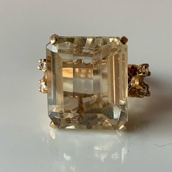 VINTAGE 14K YELLOW GLD HUGE EMERALD STEP CUT LEMON CITRINE QUARTZ RING STATEMENT - Picture 8 of 16